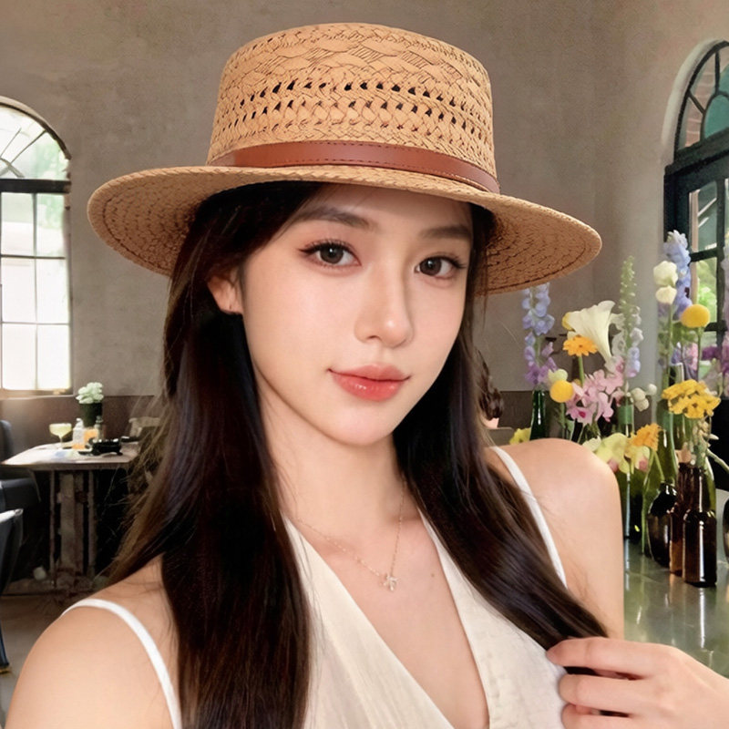 法式老钱风草编小礼帽女士夏季海边沙滩度假草帽平顶草编遮阳凉帽