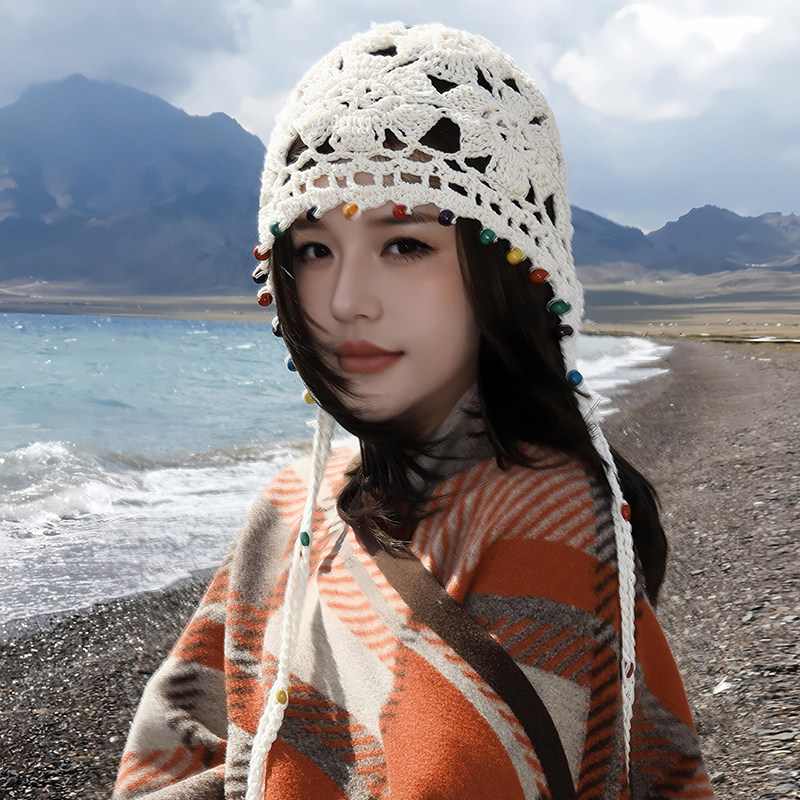 川藏民族风手工钩花针织帽显脸小