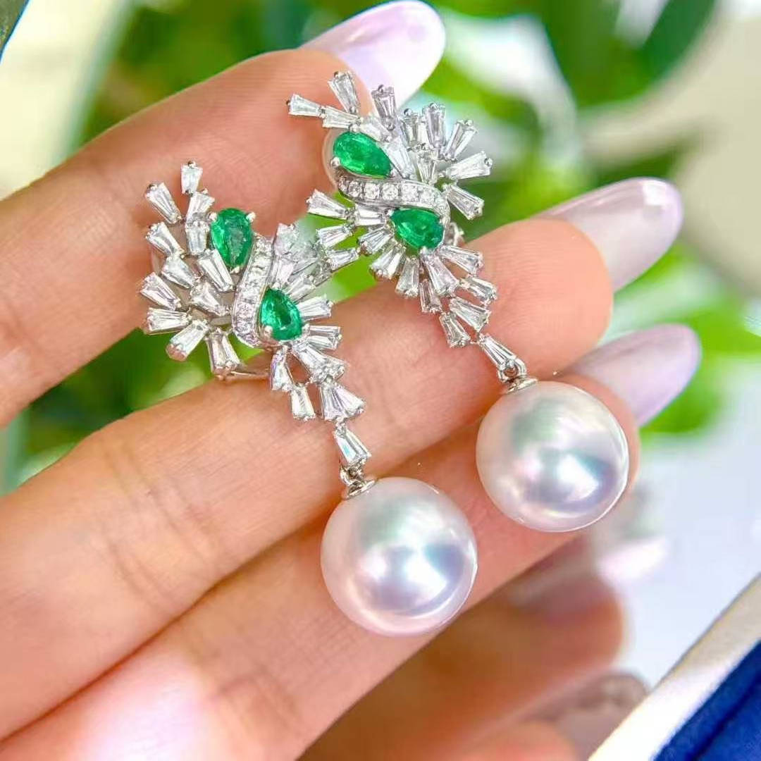 高级珠宝澳白祖母绿耳环澳白与祖母绿的碰撞温柔有力量12-13mm