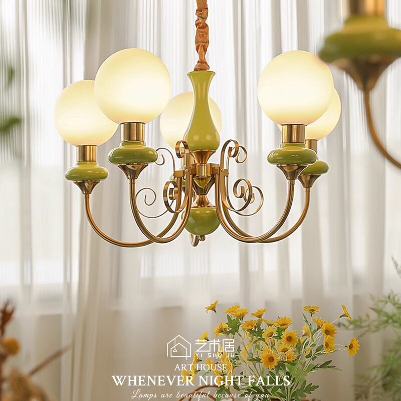法式复古卧室吊灯果绿色田园网红奶油风民宿新款客厅餐厅灯具