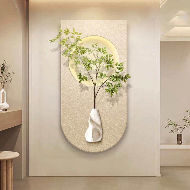 侘寂风玄关装饰画绿植沙发背景墙壁画立体砂岩led灯光画玄关挂画