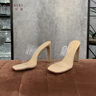 T949 外穿凉拖鞋 LOUYIXI裸色透明凉鞋 女夏性感一字带粗跟超高跟鞋