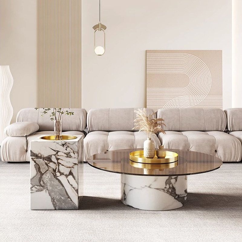 意式极简大理石客厅家用小户型轻奢圆形设计师款圆形茶几组合边几