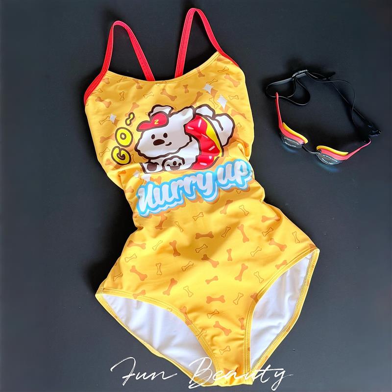 快乐小狗卡通女竞速连体泳衣