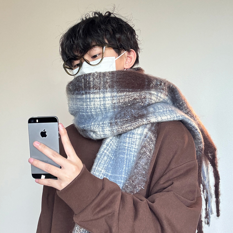 高级感条格围巾男流苏围脖女