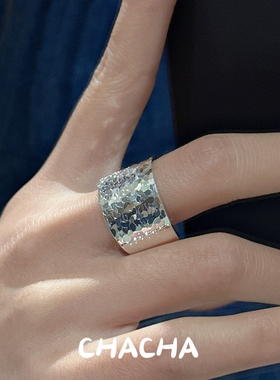 茶茶S925纯银韩版小众设计感碎冰冰简约宽面时髦通勤款指环银饰