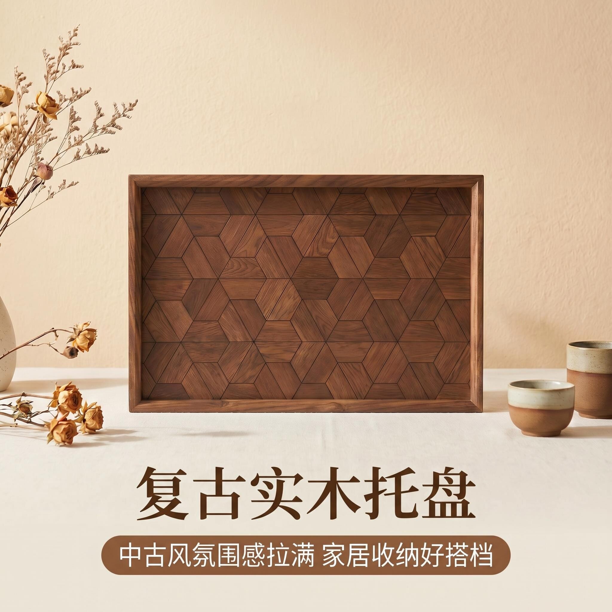 复古轻奢木质长方形餐托盘