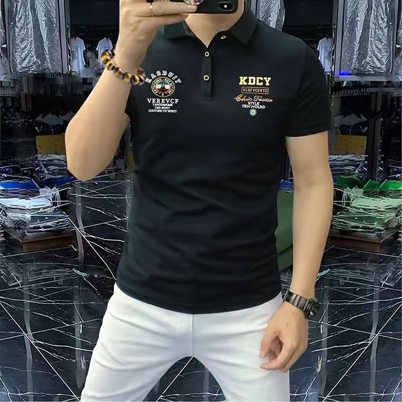 欧洲站高端刺绣短袖t恤男夏季透气休闲带领polo衫新款半袖丝光棉T
