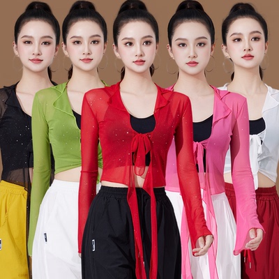 夏翻领银洒亮片网纱长袖衬衫女装不规则设计感绑带防晒修身款上衣