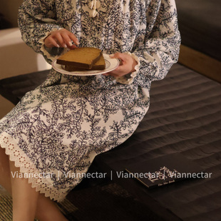 维安花密甜美棉质碎花翻领睡衣女春季蕾丝花边家居服套装可外穿