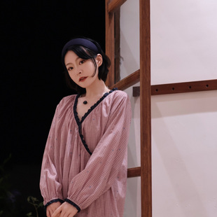 viannectar女士春季棉质碎花翻领长袖家居服套装可外穿