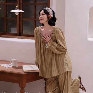 维安花密法式风纯棉睡衣女春季长袖条纹家居服套装可外穿