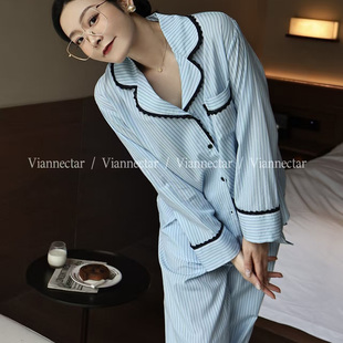 维安花密睡衣女春秋款长袖长裤家居服套装纯棉可外穿休闲简约纯色