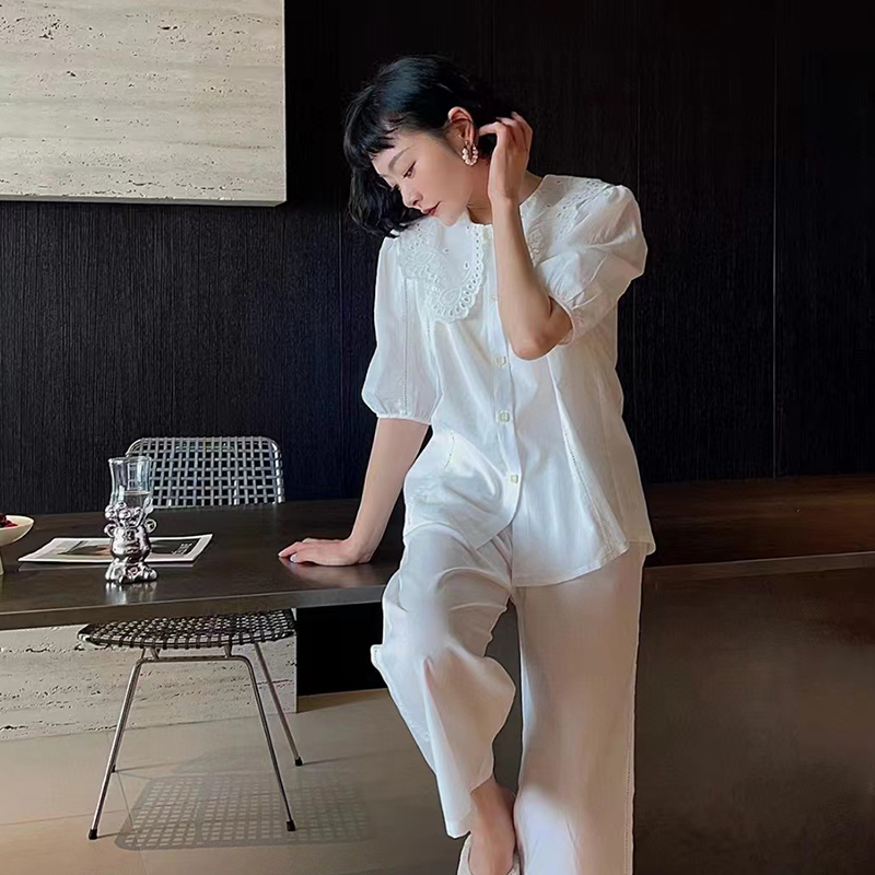 维安花密咖啡色泡泡袖夏日时尚显白遮肉休闲宽松睡衣女纯棉家居服