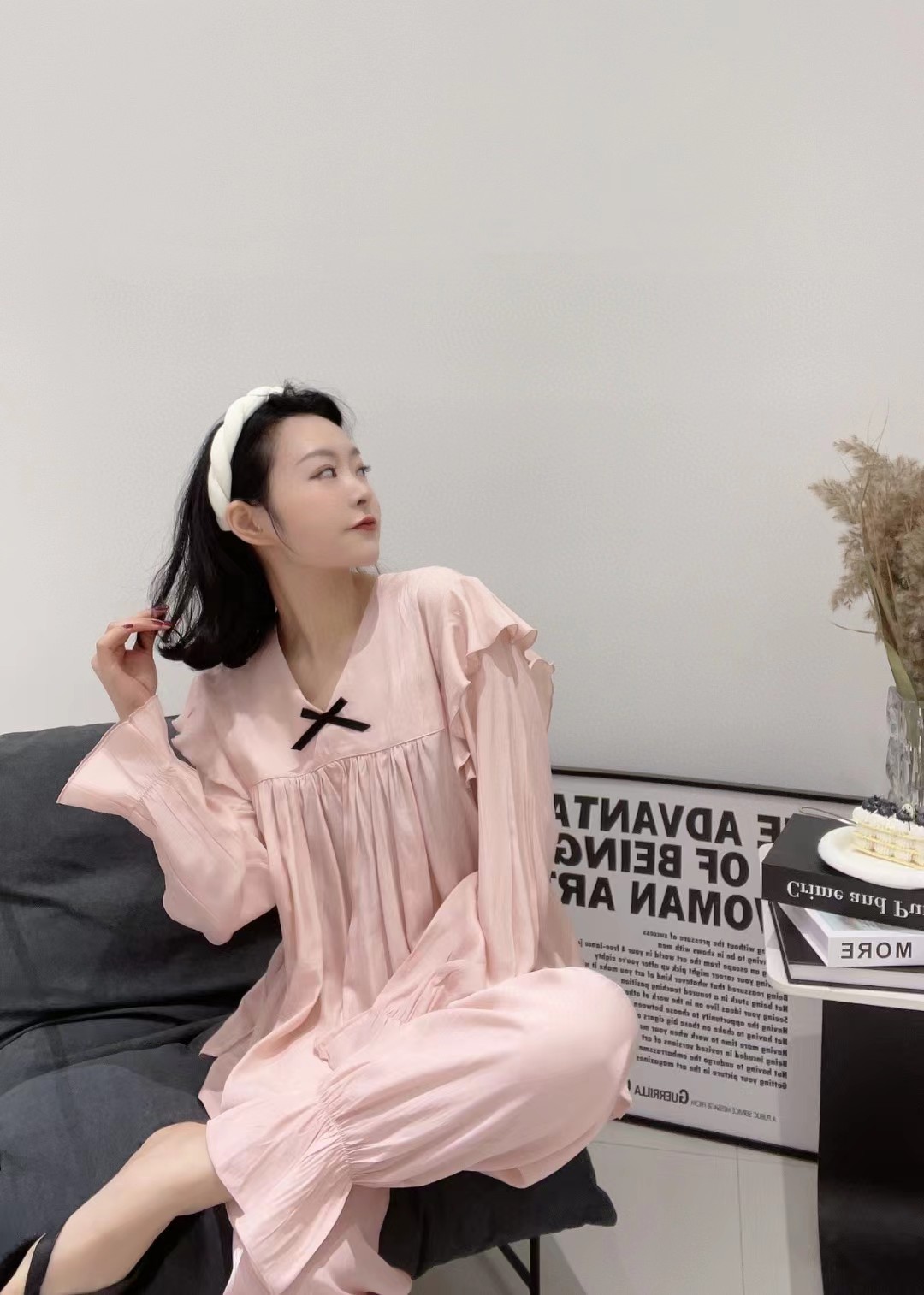 维安花密23年新款春款优雅长袖贡缎花朵甜美公主宫廷风家居服睡衣