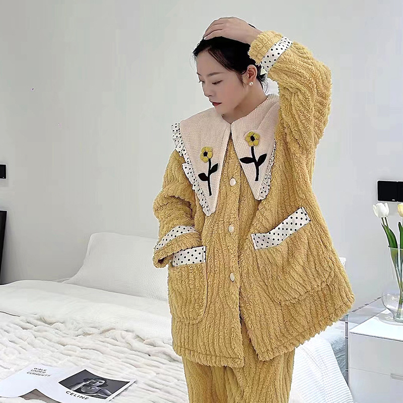 维安花密格子睡袍亲肤御姐法兰绒睡衣女加厚珊瑚绒秋冬保暖家居服