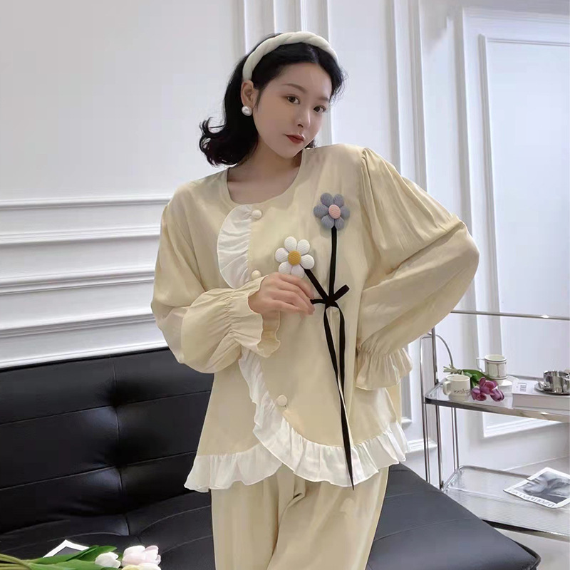 维安花密23年新款春款优雅长袖贡缎花朵甜美公主宫廷风家居服睡衣
