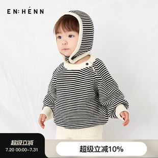 宝宝纯棉保暖帽子 enhennbaby婴幼儿细条纹护耳针织帽2025春秋新款