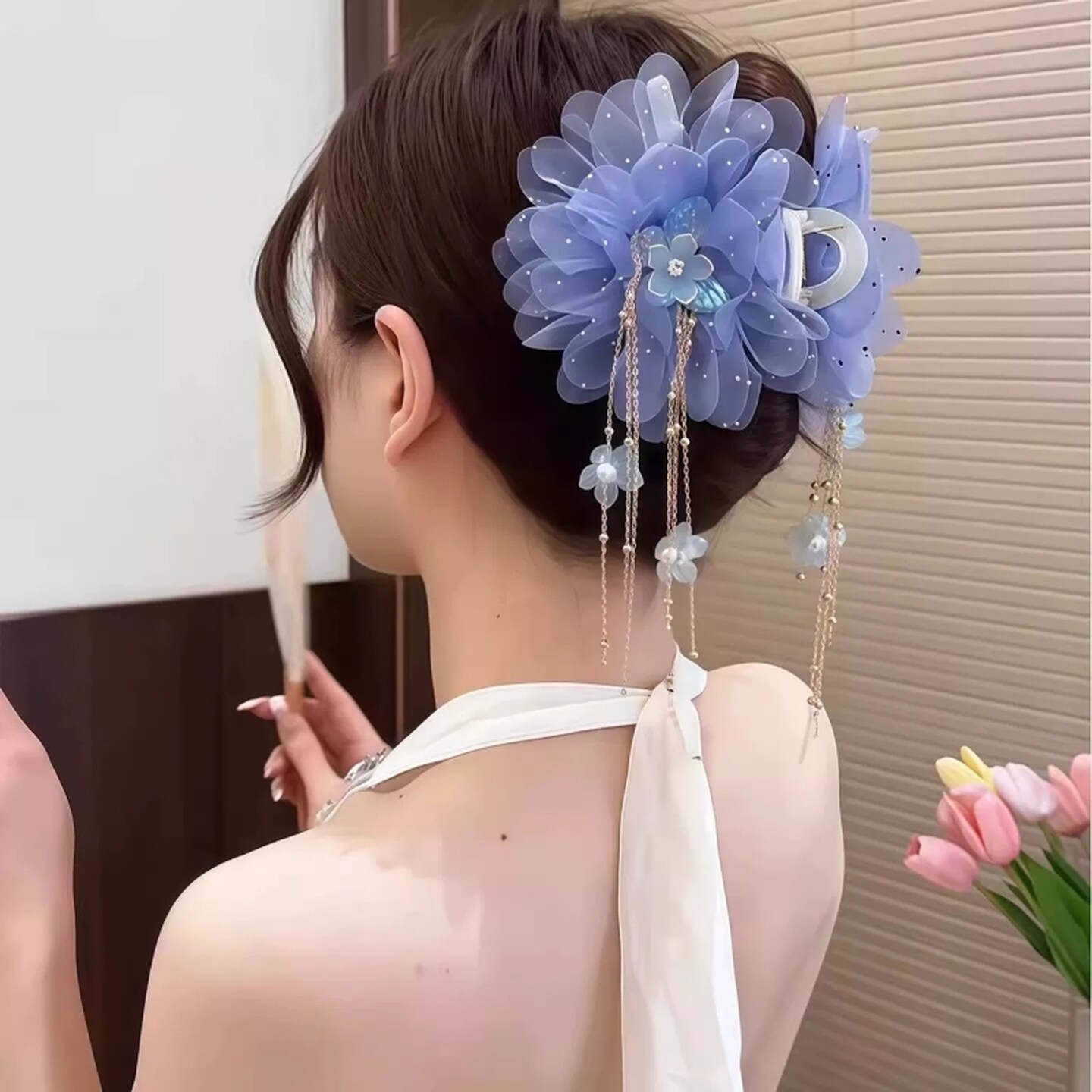 流苏发夹新中式流苏花蝴蝶网纱抓夹超仙气质发夹百搭显发量鲨鱼夹