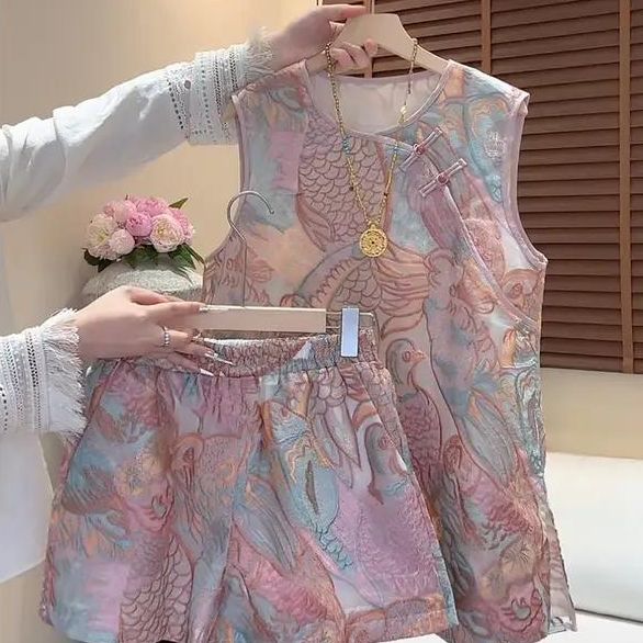 新中式国风设计感套装女2025夏季气质印花无袖显瘦上衣短裤两件套