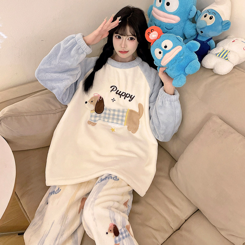 法兰绒卡通甜美萌系风睡衣女秋冬季加绒加厚大码家居服珊瑚绒套装,女士内衣/男士内衣/家居服,睡衣/家居服套装,淘宝优惠券,粉丝福利购,淘宝优惠卷