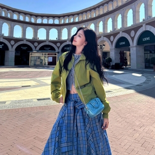 【Loala office~】法式复古蓝色格子半身裙女夏季高腰显瘦a字短裙