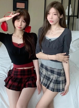 DGOLD白小鱼复古红色格子半身裙女夏季高腰学院风jk格纹百褶短裙