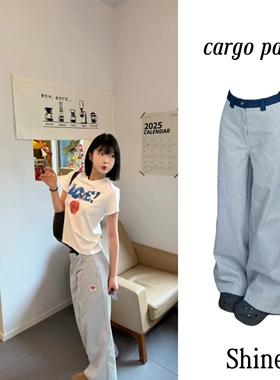 URKR蓝色竖条纹裤夏季小众拼接撞色设计感工装裤宽松阔腿休闲裤