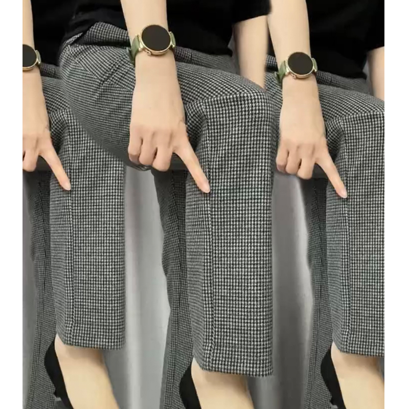 高腰直筒千鸟格九分显瘦休闲裤子