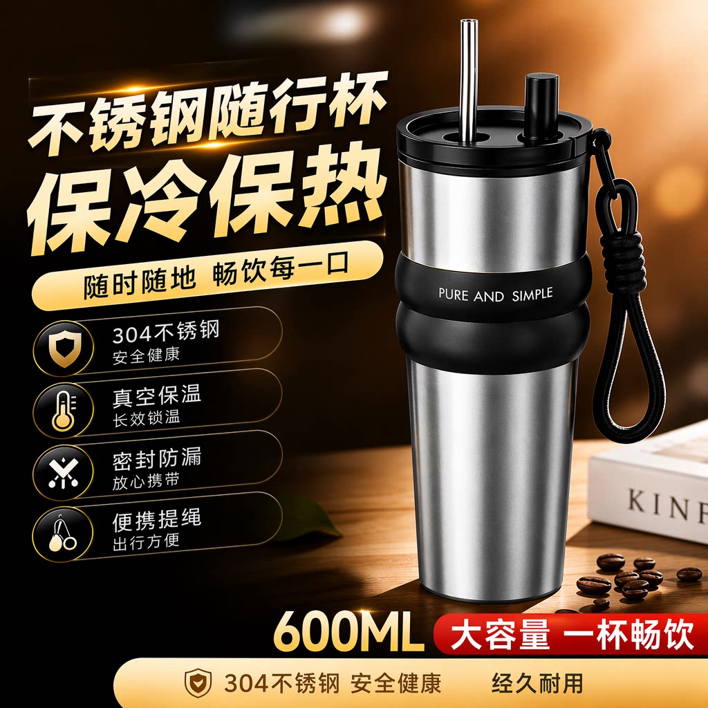 316吸管保温杯大容量水杯不锈钢冰霸杯随行陶瓷咖啡杯子北欧风