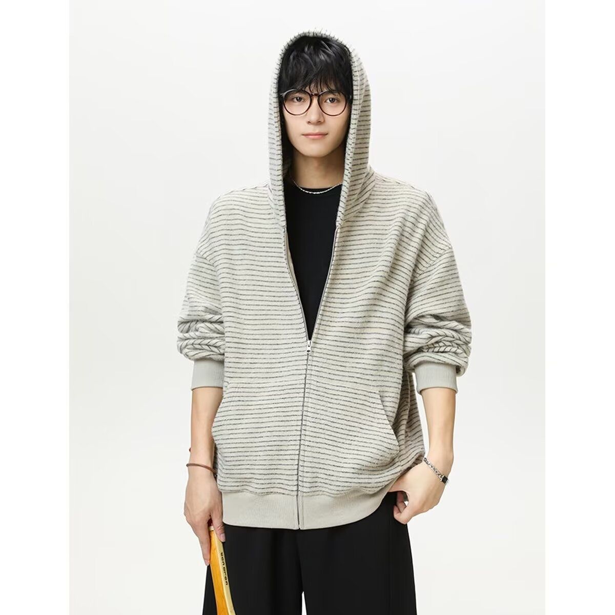 美式复古2025早秋新款条纹拉链开衫连帽卫衣男女情侣重磅外套