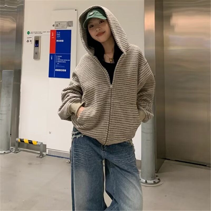 美式复古2025早秋新款条纹拉链开衫连帽卫衣男女情侣重磅外套