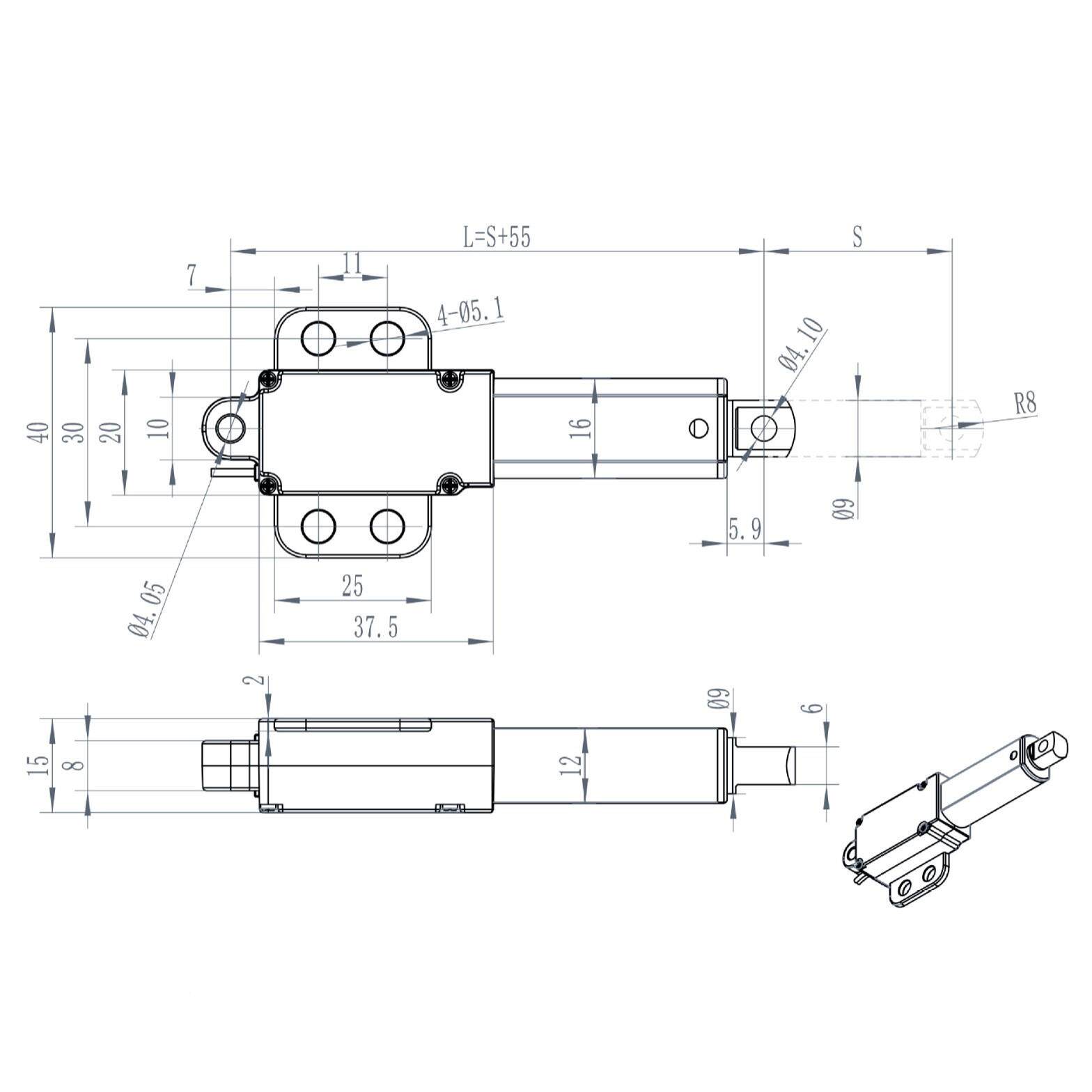 5笔20mm行程 带翅膀式动推杆大推力 机器人微型电动电推杆