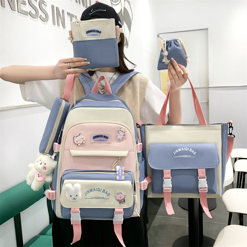 书包中学生ins五件套韩版2022新款背包女日系甜美女生校园双肩包