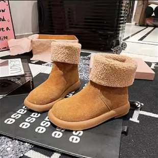 雪地靴女2026冬季 网红后搭扣平底短靴中筒靴两穿靴子 加绒加厚棉鞋