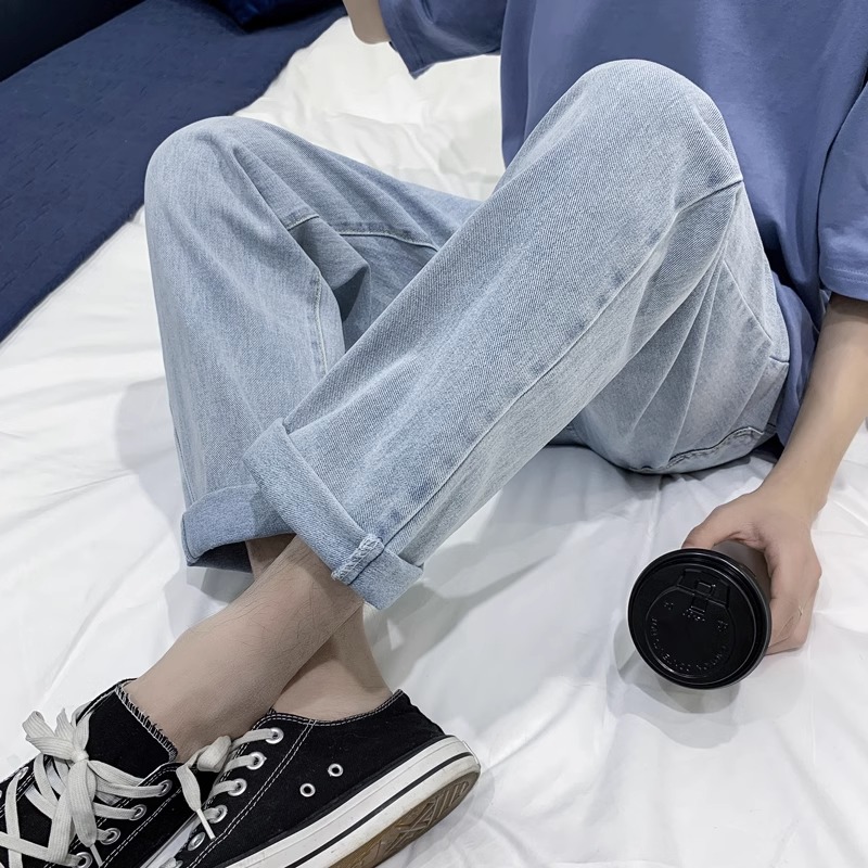 夏季男牛仔裤宽松直筒阔腿裤潮牌百搭薄款春秋高街复古九分长裤子