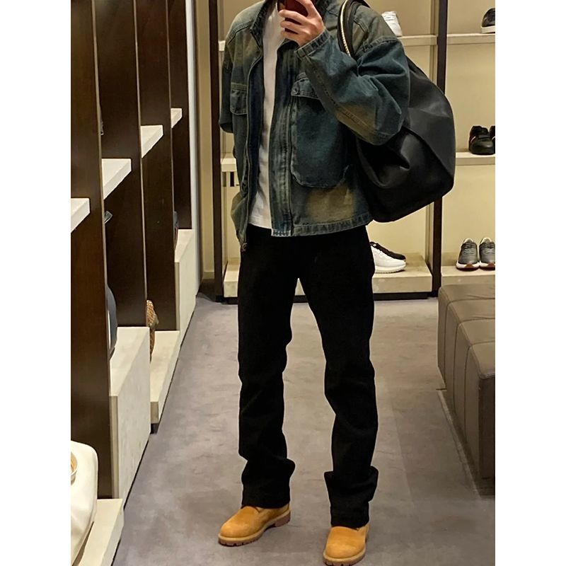 黑色直筒牛仔裤男春秋宽松百搭显腿长弯刀裤子窄版显瘦休闲直筒裤