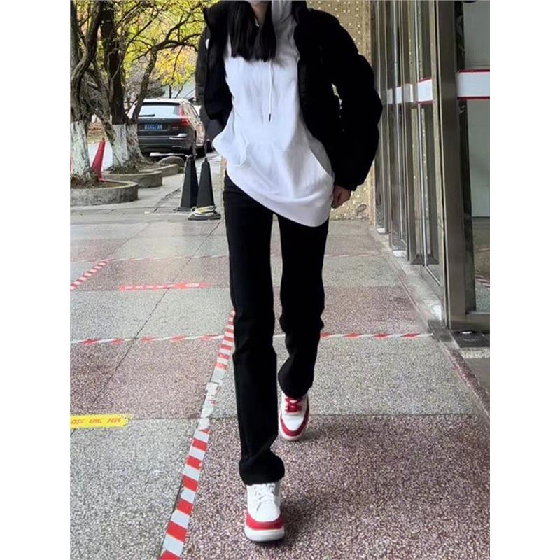 黑色窄版阔腿牛仔裤男女春秋季新款宽松显瘦直筒弹力烟管堆裤子潮
