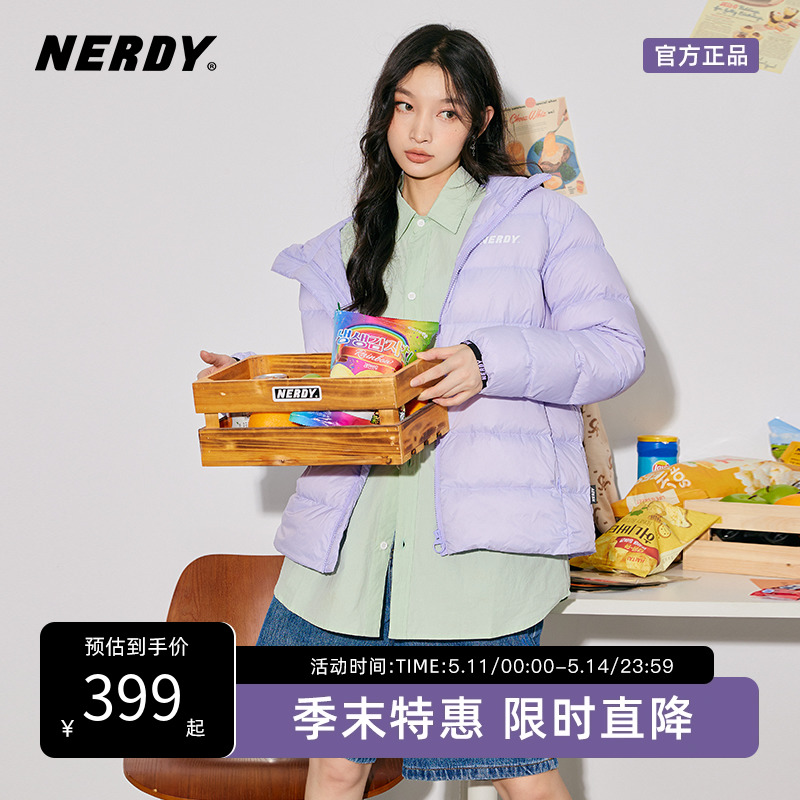 NERDY2023新款情侣宽松经典logo轻薄保暖连帽羽绒服女外套上衣潮