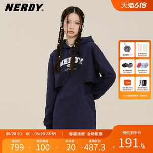 NERDY2023夏秋新款连帽收腰卫衣连衣裙logo字母印花女裙子休闲