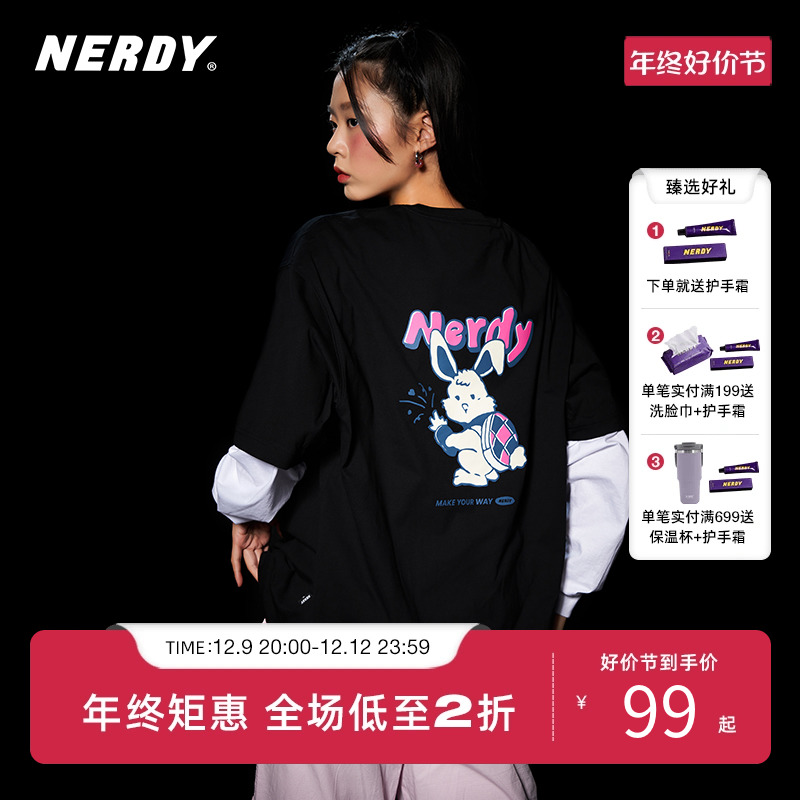 NERDY2023夏季新品兔子图案T恤情侣同款宽松休闲短袖上衣女潮