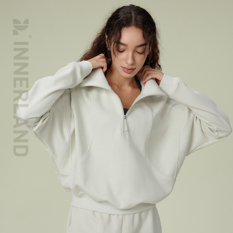 INNERLAND运动休闲风卫衣半拉链套头轻柔毛巾布长袖卫衣女款外套