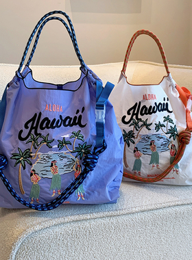 ballchain夏威夷刺绣购物袋时尚尼龙手提单肩斜挎包包小众帆布包