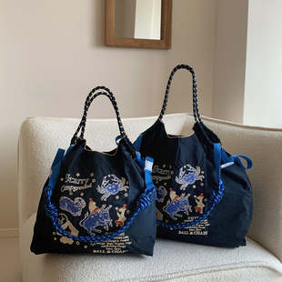 日系ball 大容量百搭帆布购物袋通勤包 chain星座刺绣包环保袋时尚