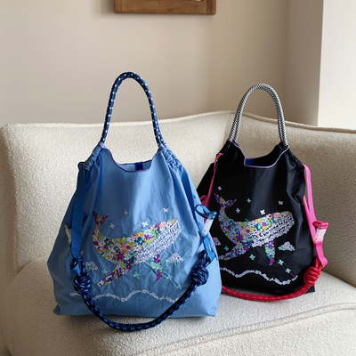 日系刺绣花朵鲸鱼环保袋购物袋