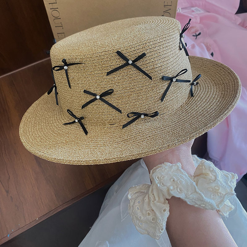 防晒帽遮阳草编平顶小礼帽