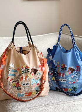 2025新款日系充满希望刺绣购物袋ballchain环保袋时尚单肩斜挎包