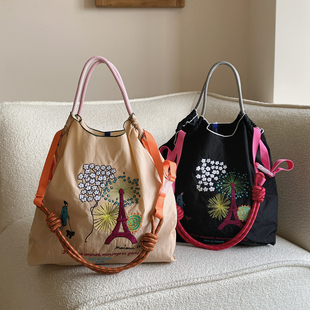 日系ball chain刺绣烟花铁塔环保购物袋帆布包大容量通勤单肩包女