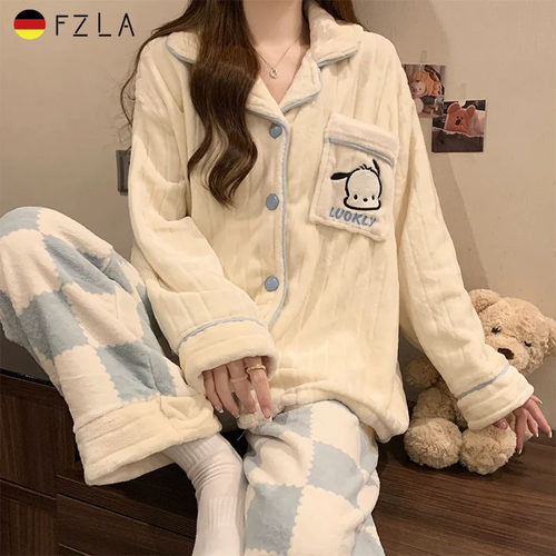 德国珊瑚绒睡衣女秋冬季加绒加厚新款多巴胺长袖开衫家居服套装