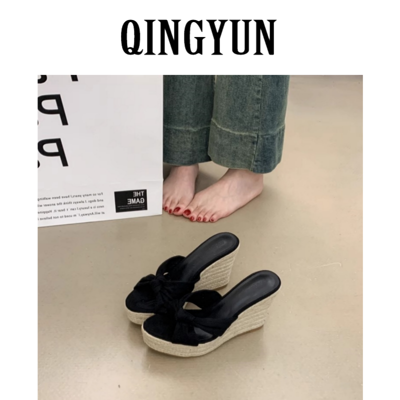 小个子增高鞋～纽结黑色坡跟拖鞋女2025夏外穿草编厚底凉鞋一字拖